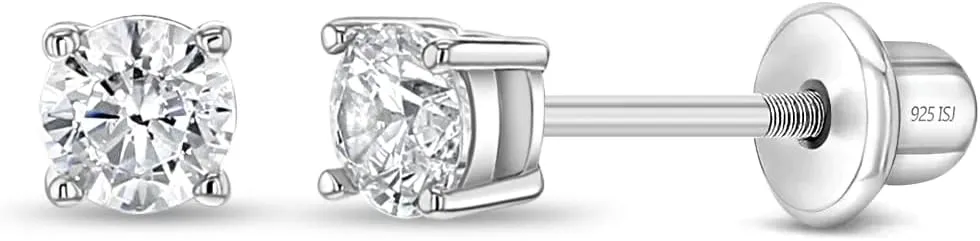 925 Sterling Silver Kids 2mm-5mm Clear Cubic Zirconia Round Stud Solitaire Screw Back Earrings for Babies & Toddlers - Baby Girl Earrings with Safety Screw Backs for Infant and Toddler Children