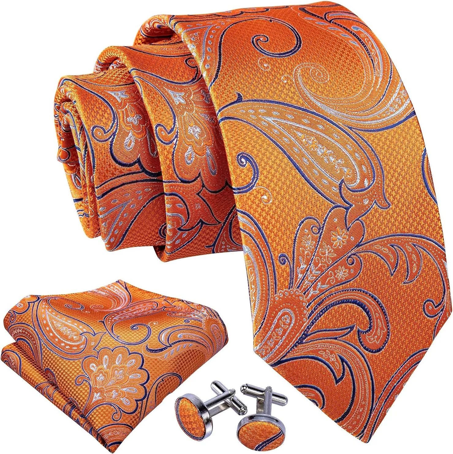 Barry.Wang Men Ties Paisley Woven Silk Necktie Set with Pocket Suqare Cufflinks Formal