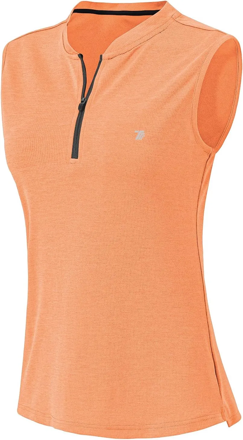 BGOWATU Women's Golf Polo Shirts Sleeveless Zip Up Collarless UPF 50  Tennis T-Shirt Lightweight Quick Dry