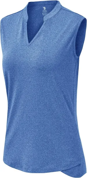 BGOWATU Women's Golf Polo T-Shirts Sleeveless V Neck Collarless Tennis Shirts UV Protection Quick Dry Lightweight