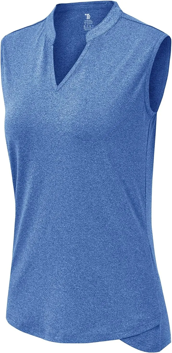 BGOWATU Women's Golf Polo T-Shirts Sleeveless V Neck Collarless Tennis Shirts UV Protection Quick Dry Lightweight