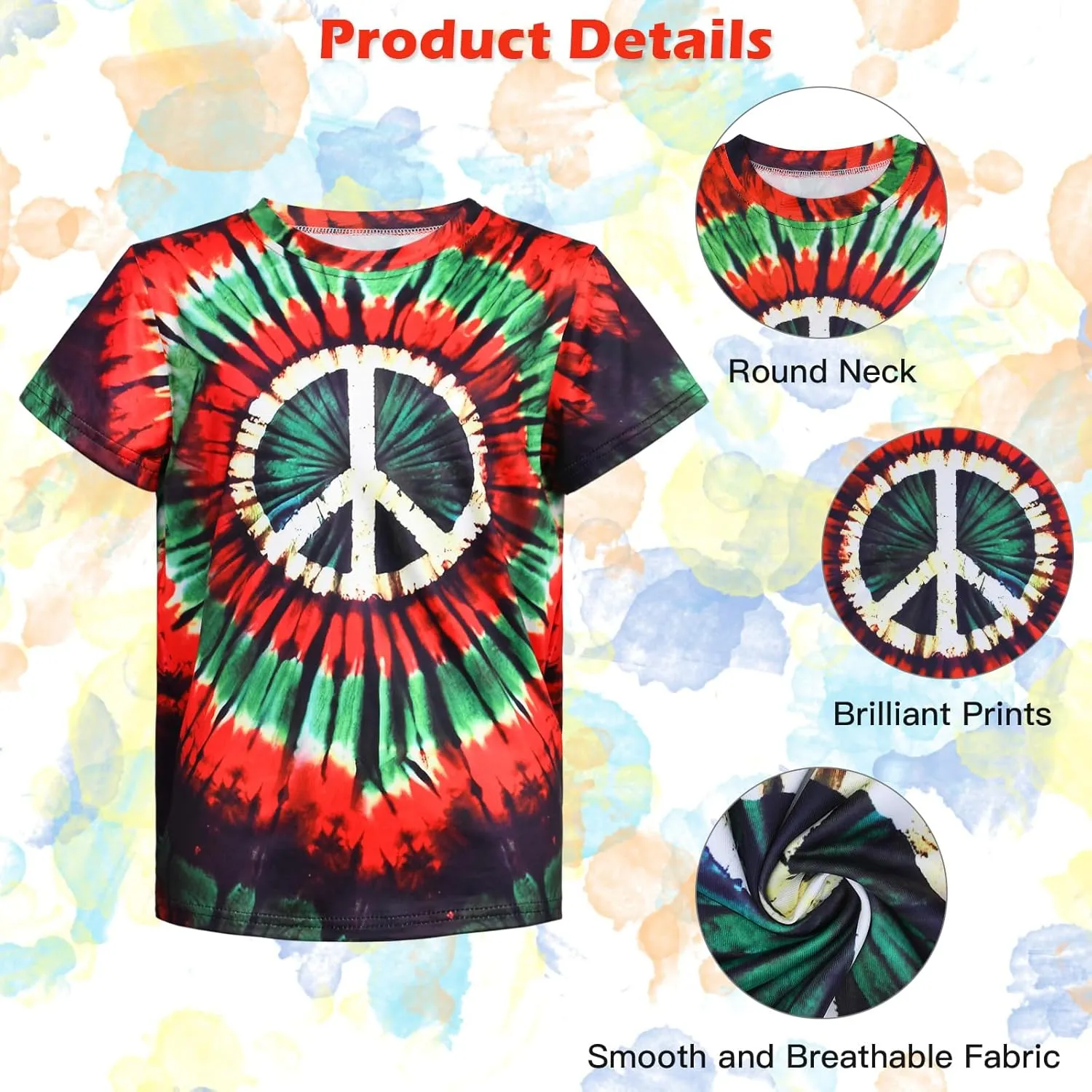 Boys Hippie Costume 60S 70s Colorful Tie Dye T-Shirt 4Pcs Accessories Set for kids Halloween Party Cosplay
