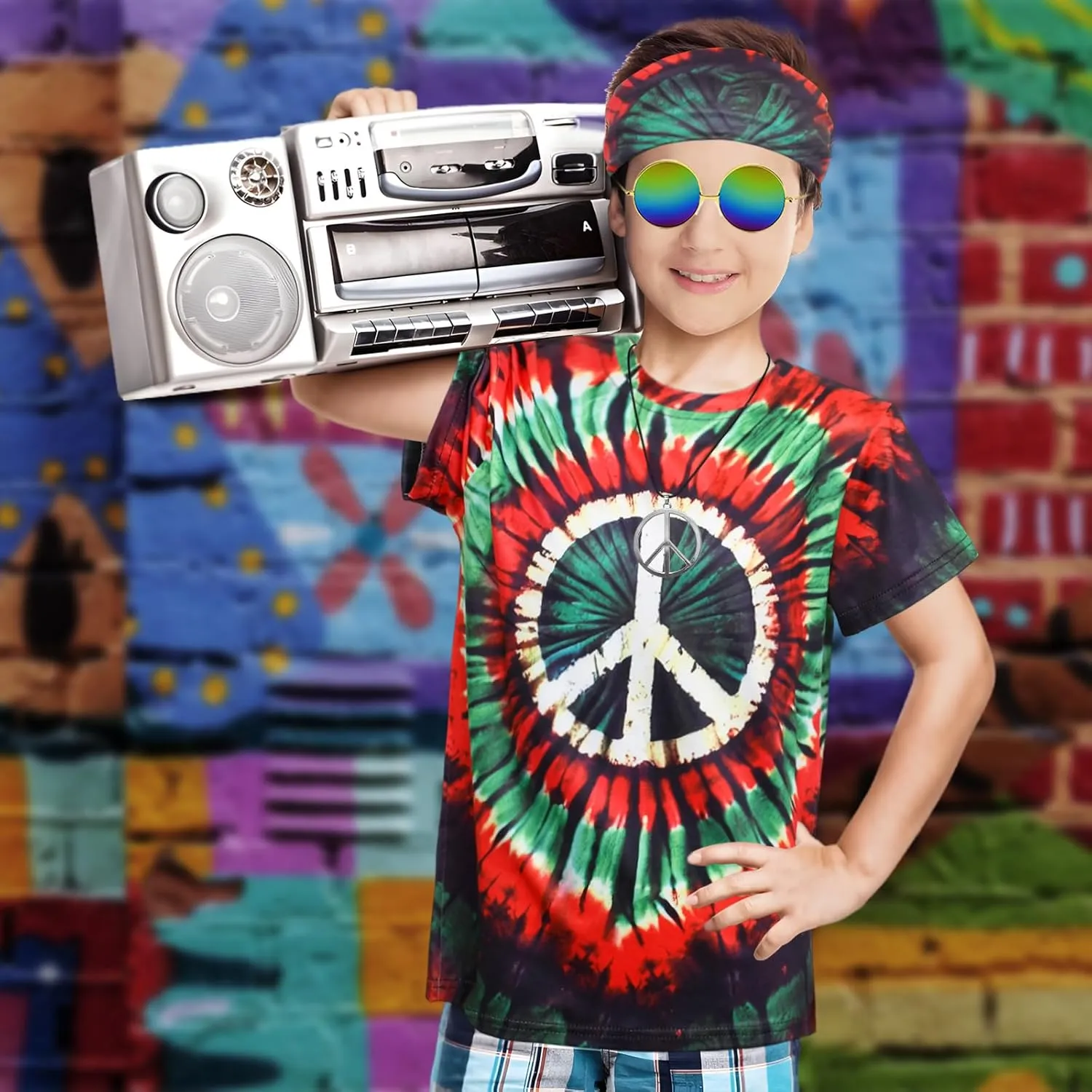 Boys Hippie Costume 60S 70s Colorful Tie Dye T-Shirt 4Pcs Accessories Set for kids Halloween Party Cosplay