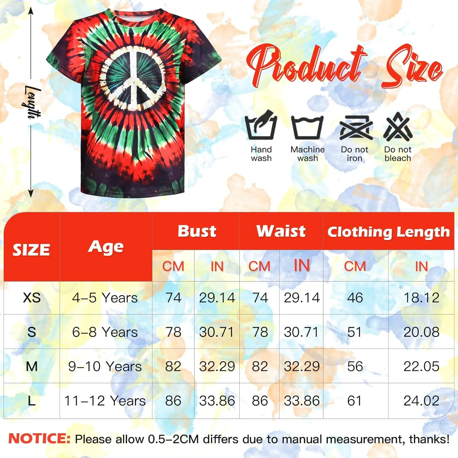Boys Hippie Costume 60S 70s Colorful Tie Dye T-Shirt 4Pcs Accessories Set for kids Halloween Party Cosplay