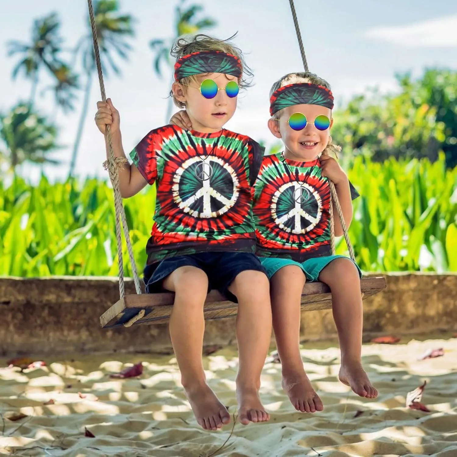 Boys Hippie Costume 60S 70s Colorful Tie Dye T-Shirt 4Pcs Accessories Set for kids Halloween Party Cosplay