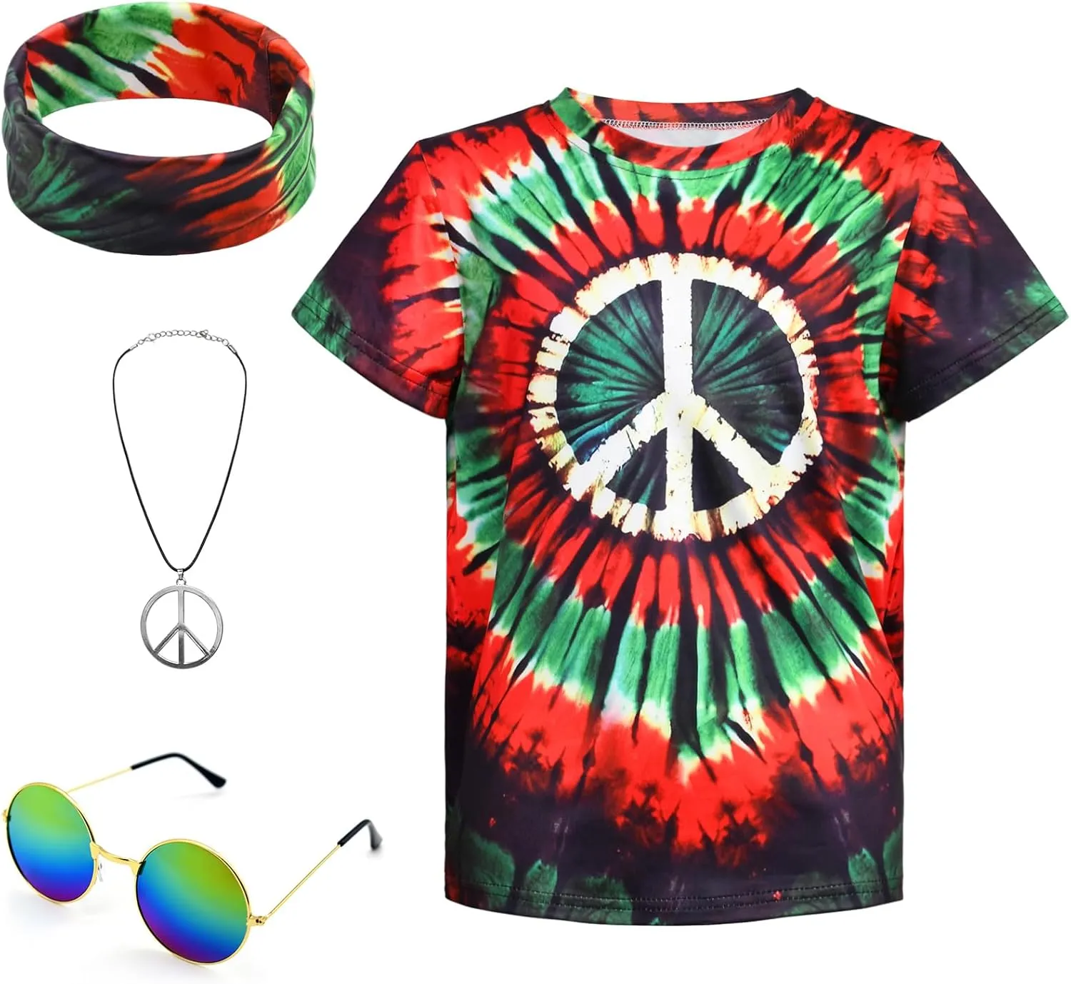Boys Hippie Costume 60S 70s Colorful Tie Dye T-Shirt 4Pcs Accessories Set for kids Halloween Party Cosplay