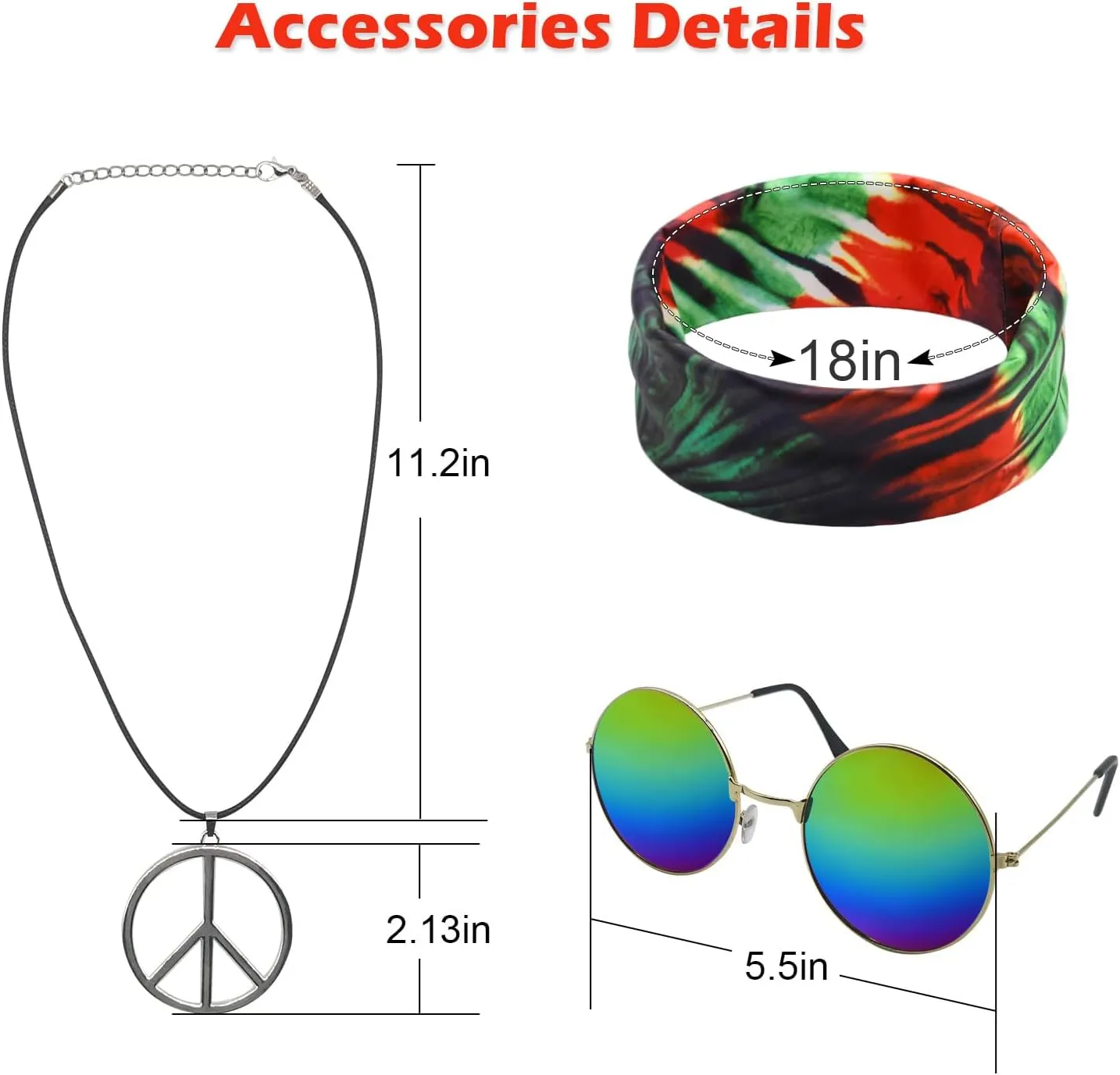 Boys Hippie Costume 60S 70s Colorful Tie Dye T-Shirt 4Pcs Accessories Set for kids Halloween Party Cosplay