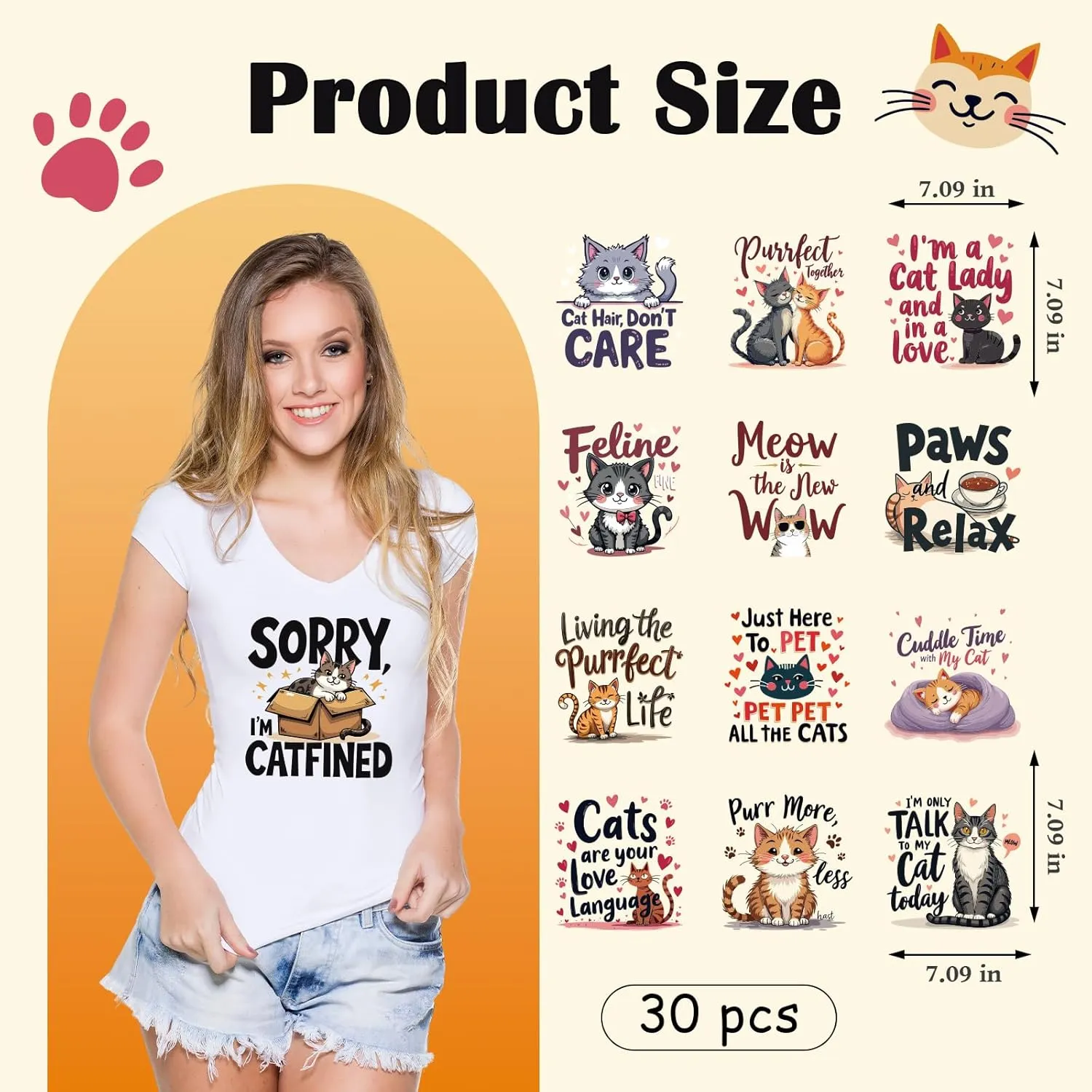 Cat Iron on Transfers -30 Sheets Funny Animal DTF Transfers Ready to Press Iron on Vinyl Design Patches for Hat Bag DIY Craft Decor Cat Shirts for Women Cat Lover Costume