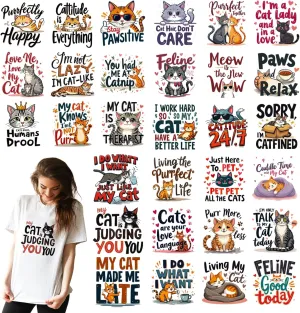 Cat Iron on Transfers -30 Sheets Funny Animal DTF Transfers Ready to Press Iron on Vinyl Design Patches for Hat Bag DIY Craft Decor Cat Shirts for Women Cat Lover Costume