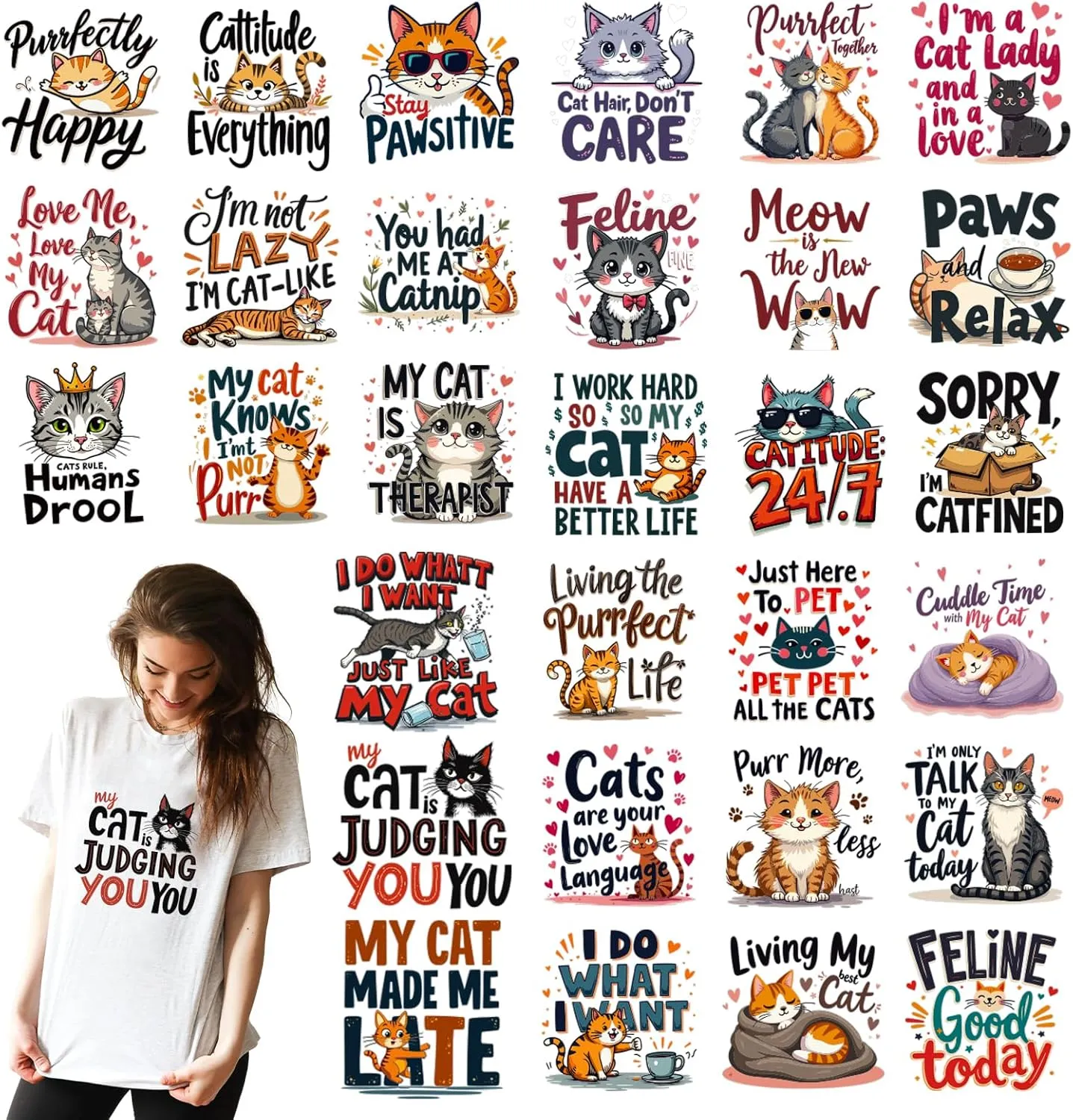 Cat Iron on Transfers -30 Sheets Funny Animal DTF Transfers Ready to Press Iron on Vinyl Design Patches for Hat Bag DIY Craft Decor Cat Shirts for Women Cat Lover Costume