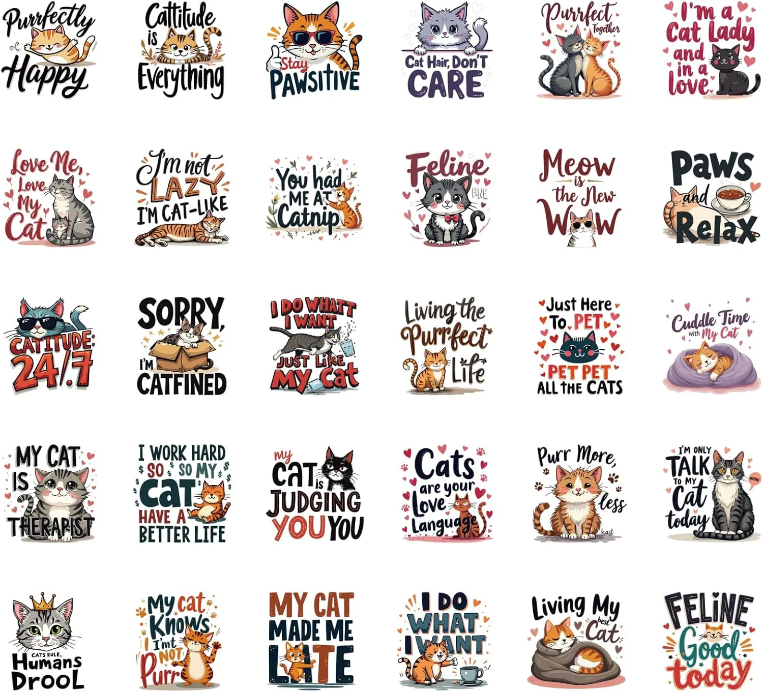 Cat Iron on Transfers -30 Sheets Funny Animal DTF Transfers Ready to Press Iron on Vinyl Design Patches for Hat Bag DIY Craft Decor Cat Shirts for Women Cat Lover Costume