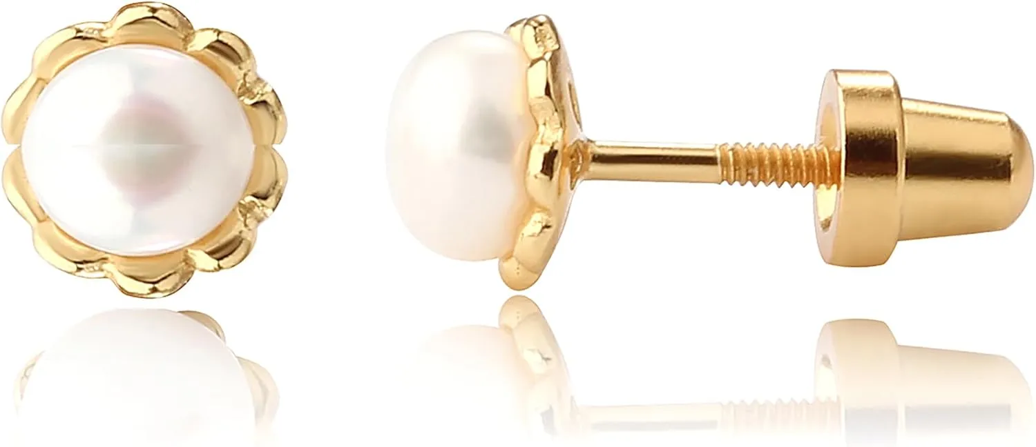 Cherished Moments Children's Sterling Silver or 14k Gold Plated Cultured Pearl Screw Back Earrings for Babies, Little Girls, Kids and Toddlers