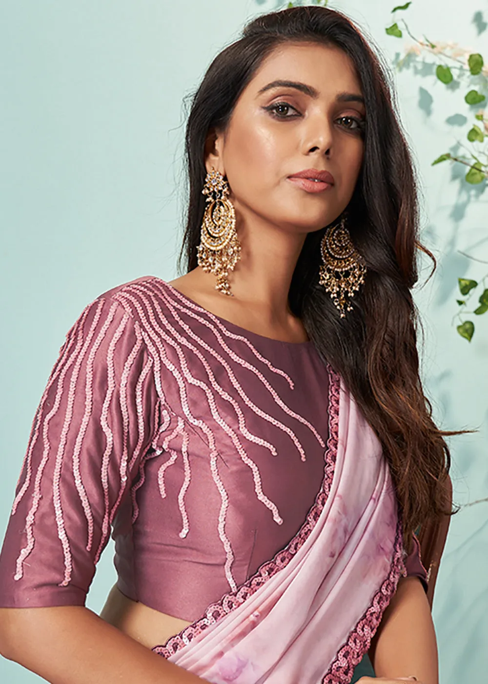 Chocolate Pink Crepe Silk Embroidered Designer Saree