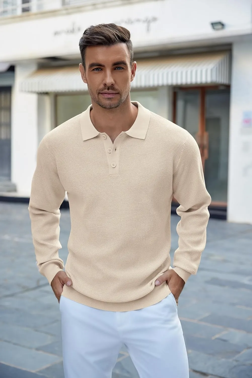 COOFANDY Mens Knit Polo Shirts Long Sleeve Sweater Casual Polo Shirts Lightweight Collared T Shirts