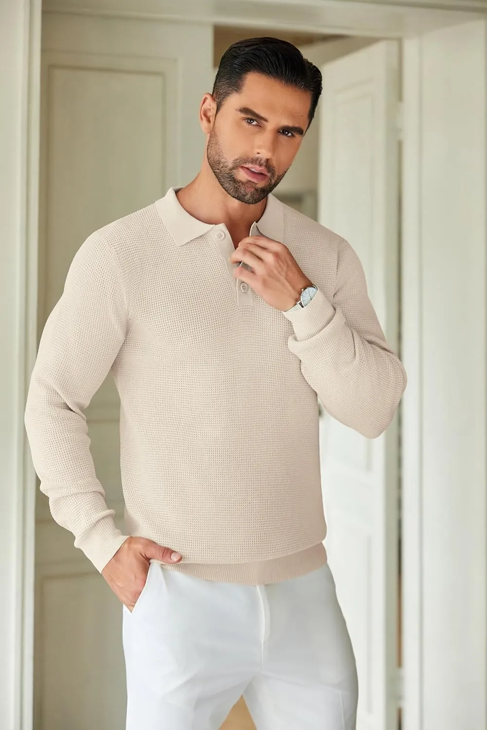 COOFANDY Mens Knit Polo Shirts Long Sleeve Sweater Casual Polo Shirts Lightweight Collared T Shirts