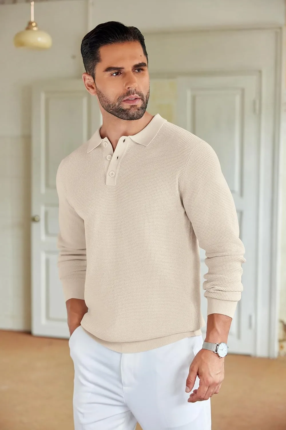 COOFANDY Mens Knit Polo Shirts Long Sleeve Sweater Casual Polo Shirts Lightweight Collared T Shirts