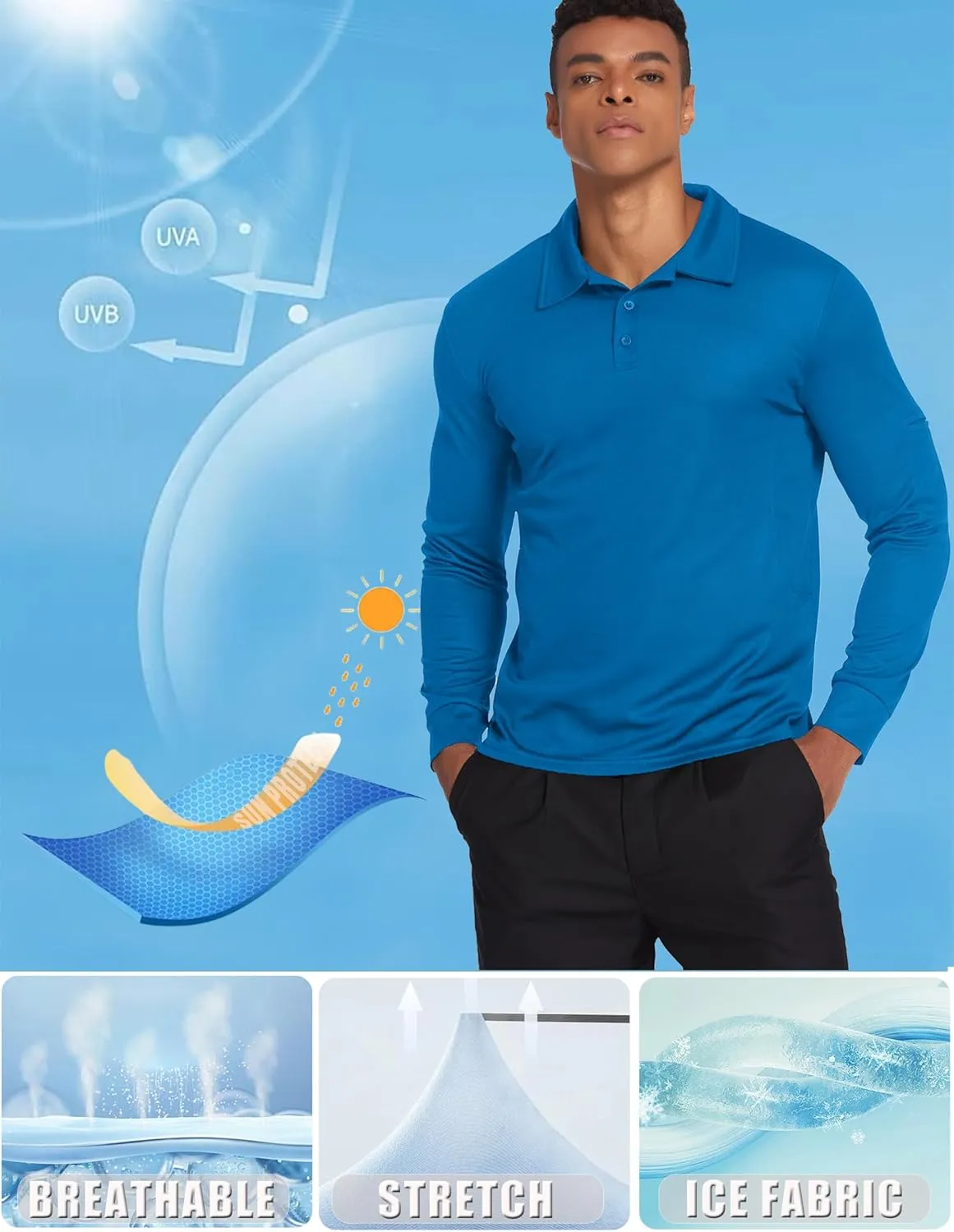 Deyeek Men's Polo Shirts Long Sleeve Golf Polo Shirts for Men Quick Dry UPF 50  Sun Protection Polos Casual Collared Shirts