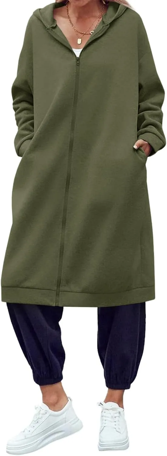 Dyexces Women Zip Up Hoodie Casual Long Hoodies for Women Tunic Sweatshirts Jackets Winter Coat with Pockets