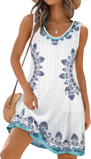 elescat Sundresses for Women Summer Beach V Neck Sleeveless Dress Swimsuit Coverup with Pockets