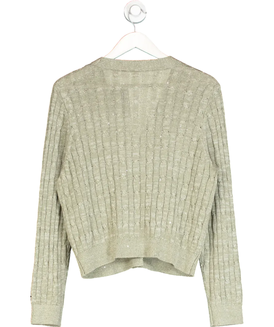 GOELIA Green Linen Sequins Openwork Knit Cardigan UK M
