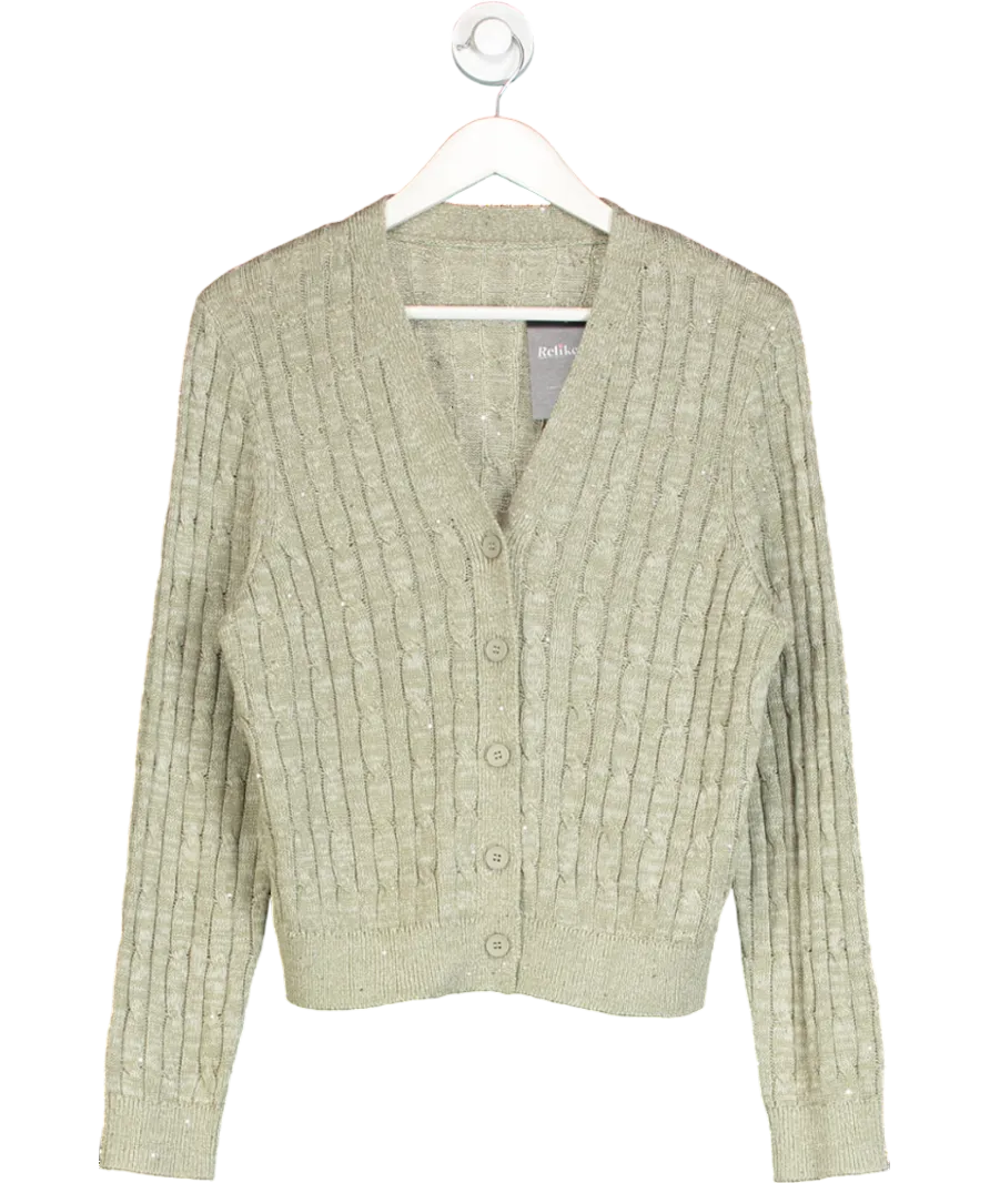 GOELIA Green Linen Sequins Openwork Knit Cardigan UK M