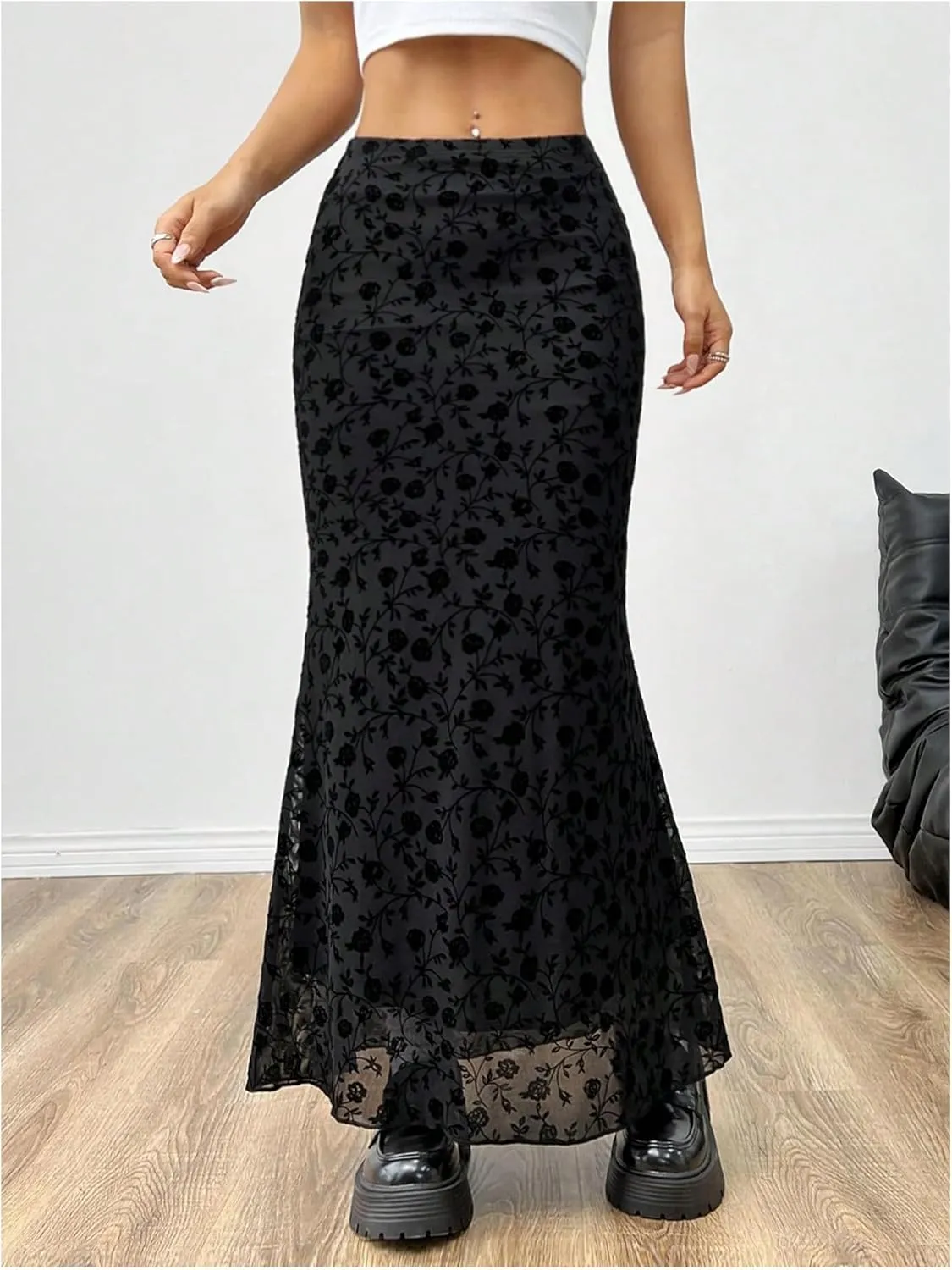GORGLITTER Women's Floral Flowy Mesh Maxi Skirt High Waisted A Line Long Skirts Summer Outfits