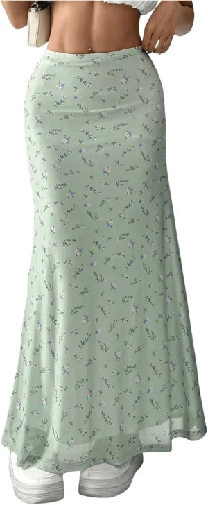 GORGLITTER Women's Floral Flowy Mesh Maxi Skirt High Waisted A Line Long Skirts Summer Outfits