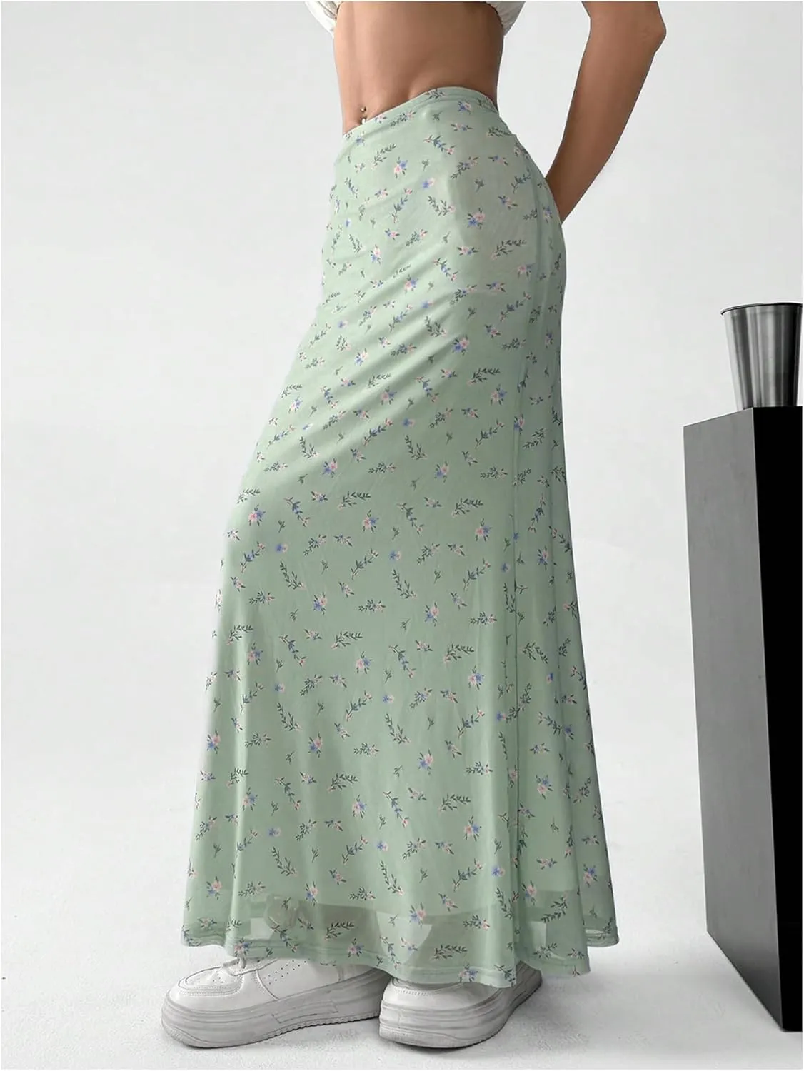 GORGLITTER Women's Floral Flowy Mesh Maxi Skirt High Waisted A Line Long Skirts Summer Outfits