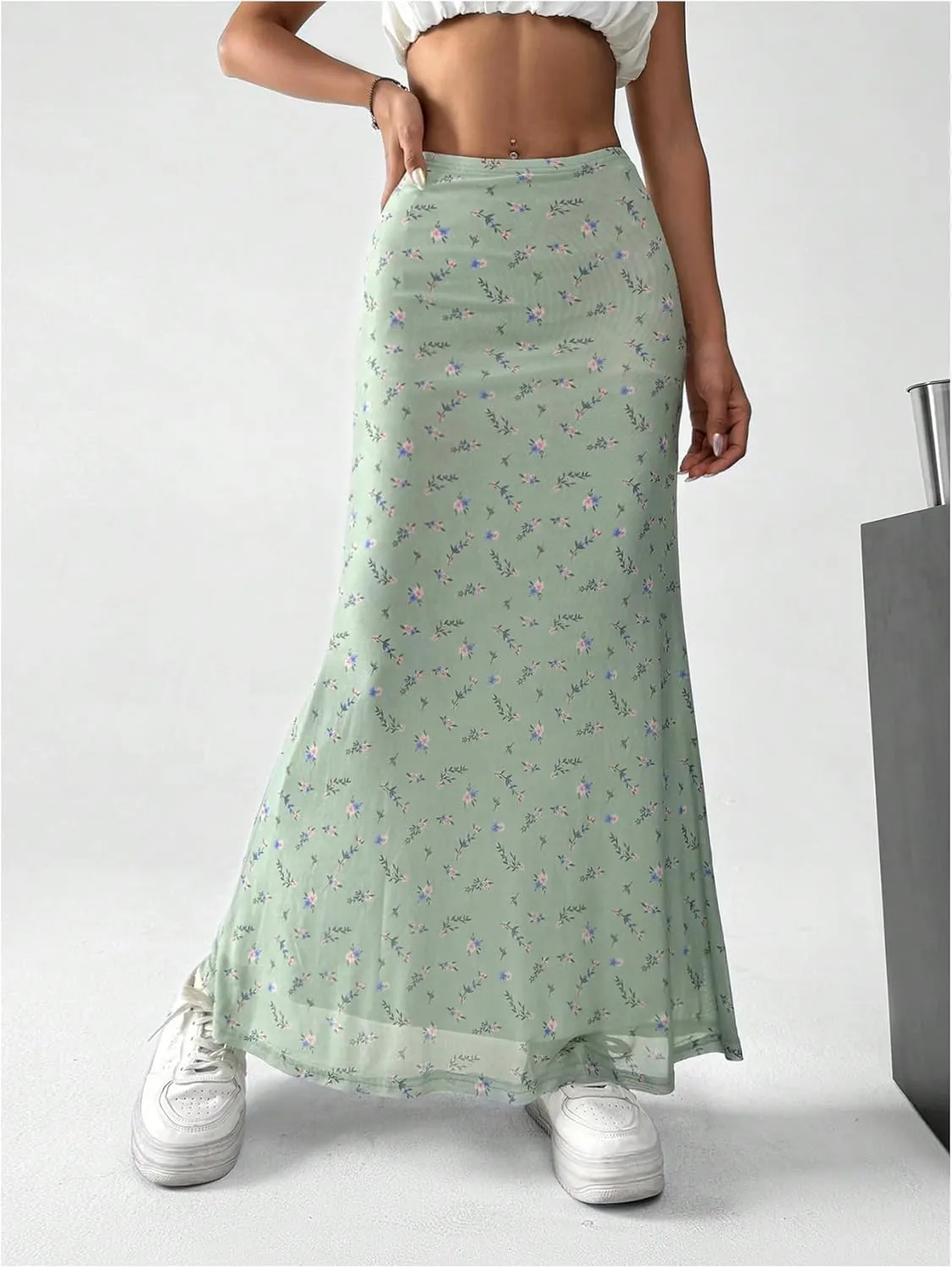 GORGLITTER Women's Floral Flowy Mesh Maxi Skirt High Waisted A Line Long Skirts Summer Outfits