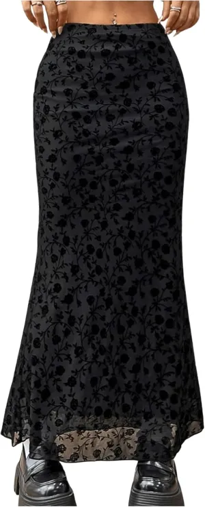 GORGLITTER Women's Floral Flowy Mesh Maxi Skirt High Waisted A Line Long Skirts Summer Outfits
