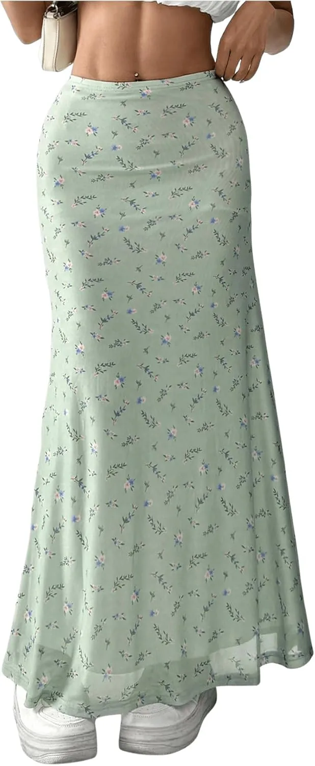 GORGLITTER Women's Floral Flowy Mesh Maxi Skirt High Waisted A Line Long Skirts Summer Outfits