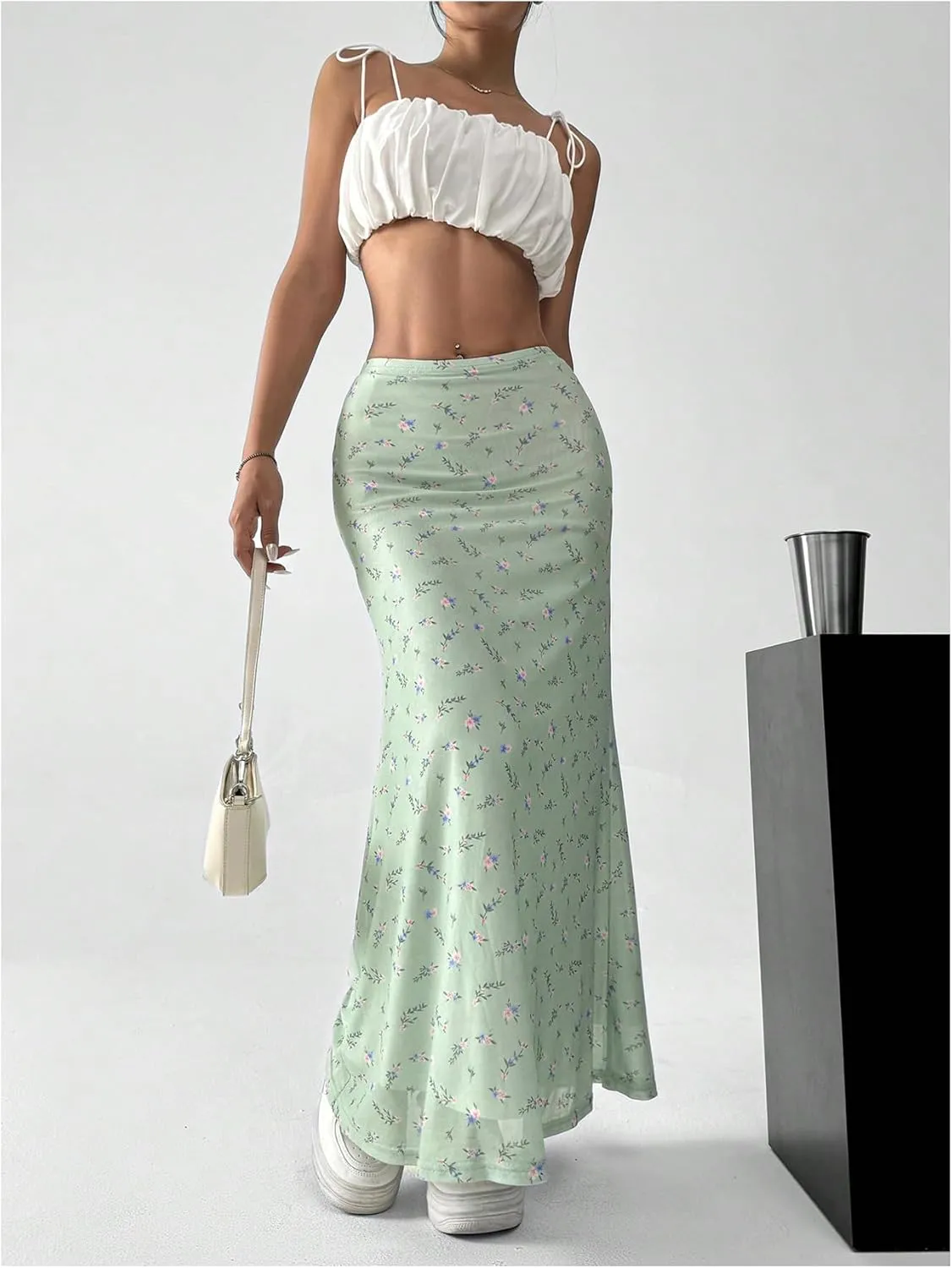 GORGLITTER Women's Floral Flowy Mesh Maxi Skirt High Waisted A Line Long Skirts Summer Outfits