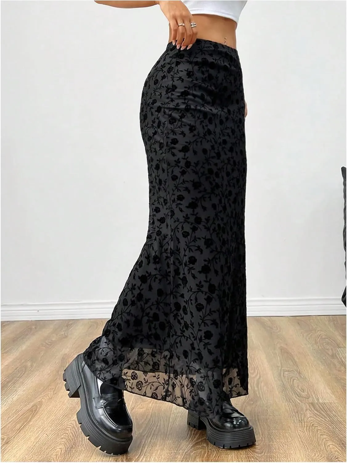 GORGLITTER Women's Floral Flowy Mesh Maxi Skirt High Waisted A Line Long Skirts Summer Outfits