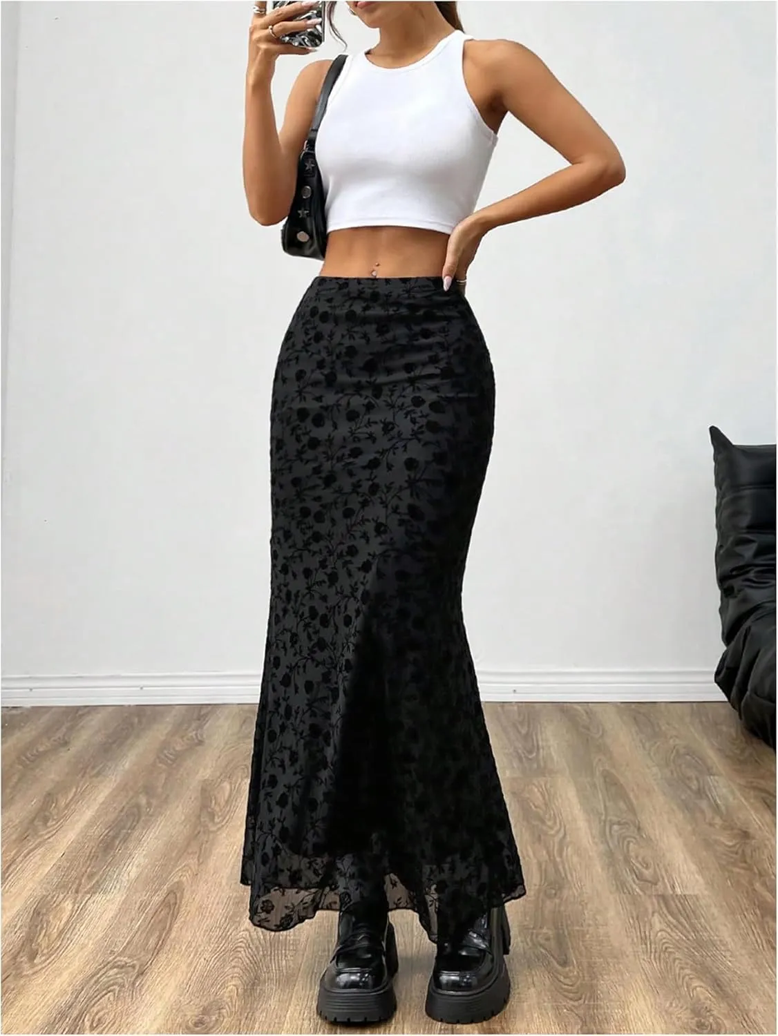 GORGLITTER Women's Floral Flowy Mesh Maxi Skirt High Waisted A Line Long Skirts Summer Outfits