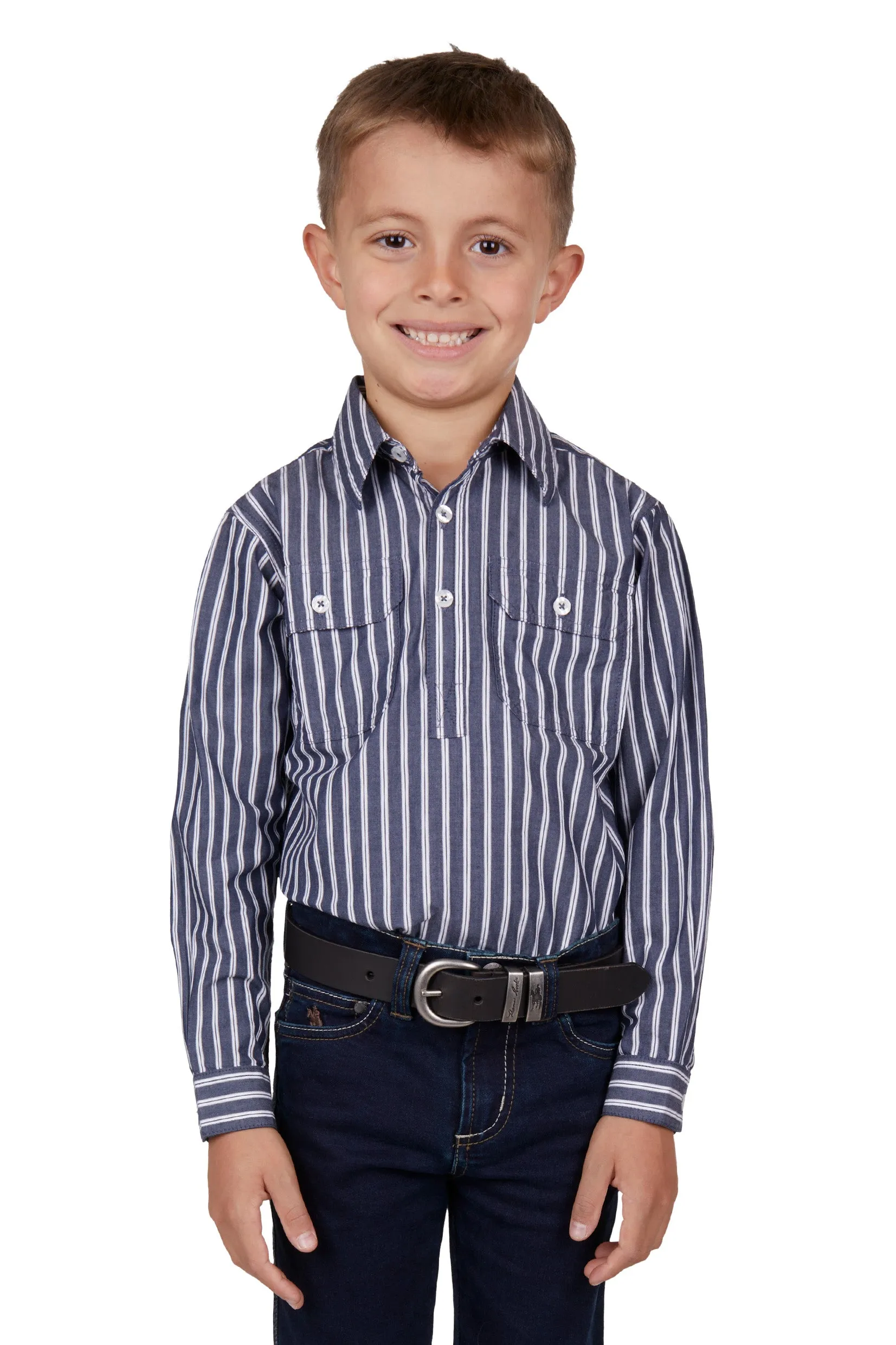 Hard Slog Kids Ken Half Placket L/S Shirt - Navy/White - H4W7101185
