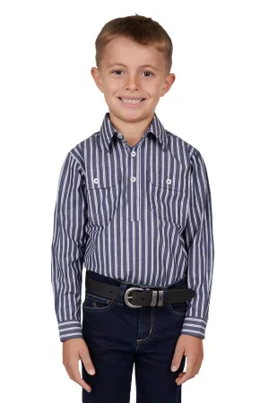 Hard Slog Kids Ken Half Placket L/S Shirt - Navy/White - H4W7101185