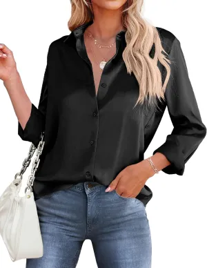HOTOUCH Women's Satin Silk Shirts Button Down V Neck Dressy Casual Blouse Loose Long Sleeve Office Work Tunic Tops