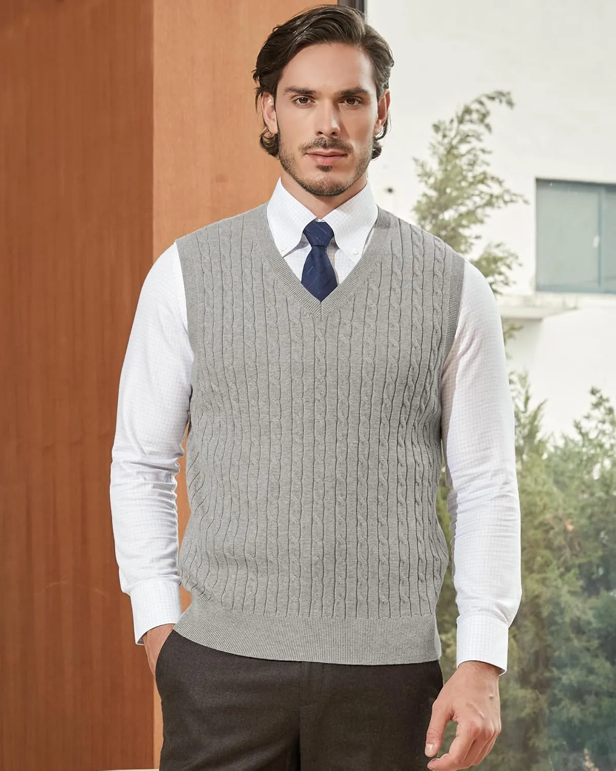 Kallspin Mens Cable Knit Sweater Vest Pure Cotton V-Neck Sleeveless Knitted Pullover for Fall Winter