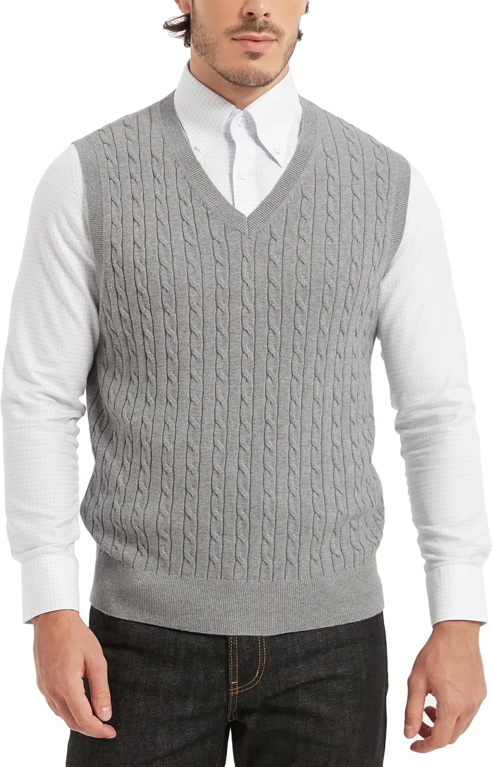 Kallspin Mens Cable Knit Sweater Vest Pure Cotton V-Neck Sleeveless Knitted Pullover for Fall Winter