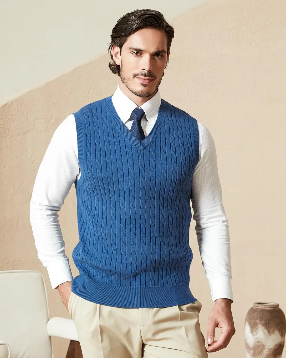 Kallspin Mens Cable Knit Sweater Vest Pure Cotton V-Neck Sleeveless Knitted Pullover for Fall Winter