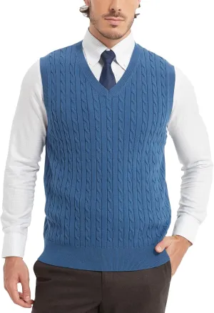 Kallspin Mens Cable Knit Sweater Vest Pure Cotton V-Neck Sleeveless Knitted Pullover for Fall Winter