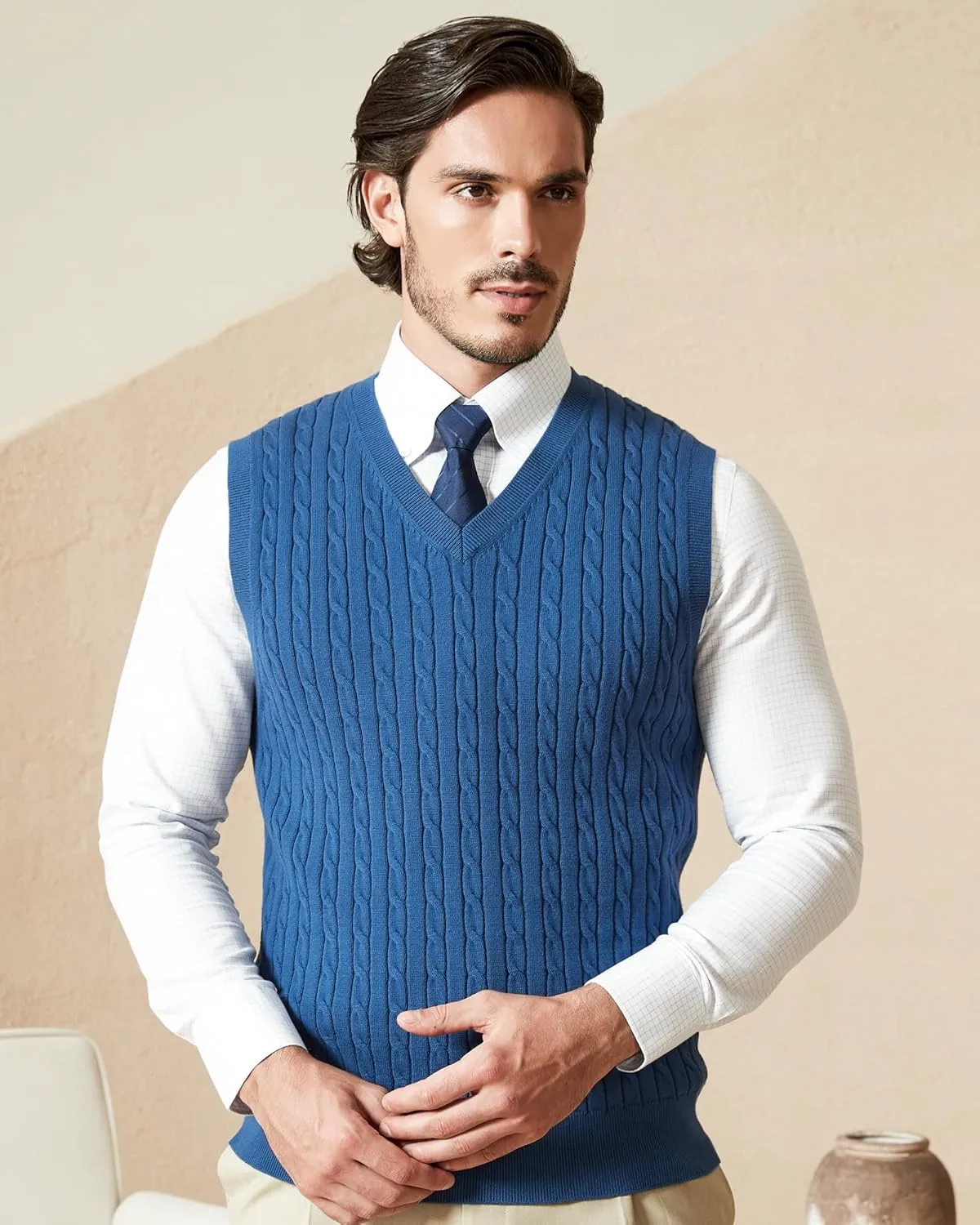 Kallspin Mens Cable Knit Sweater Vest Pure Cotton V-Neck Sleeveless Knitted Pullover for Fall Winter