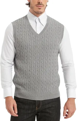 Kallspin Mens Cable Knit Sweater Vest Pure Cotton V-Neck Sleeveless Knitted Pullover for Fall Winter