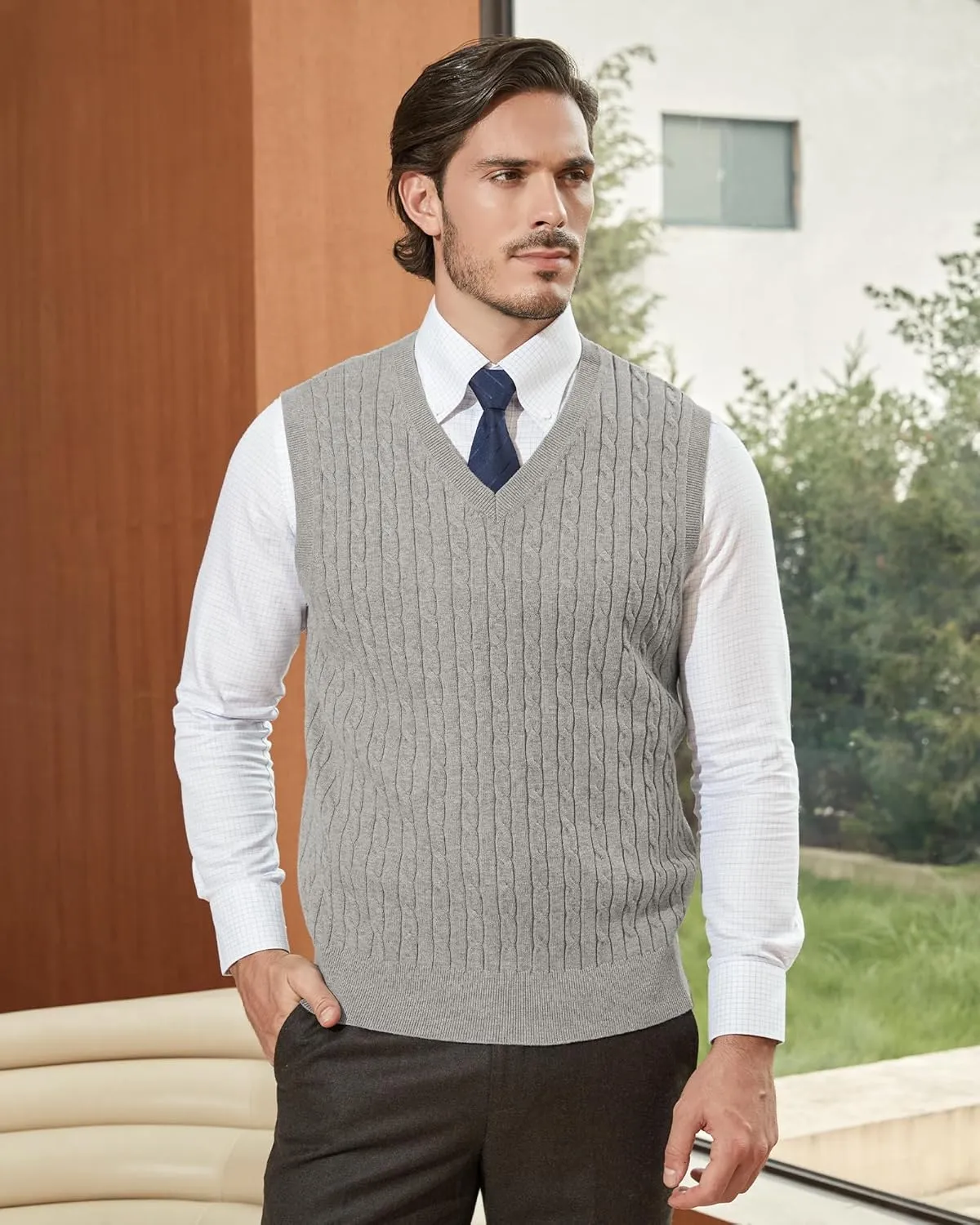 Kallspin Mens Cable Knit Sweater Vest Pure Cotton V-Neck Sleeveless Knitted Pullover for Fall Winter