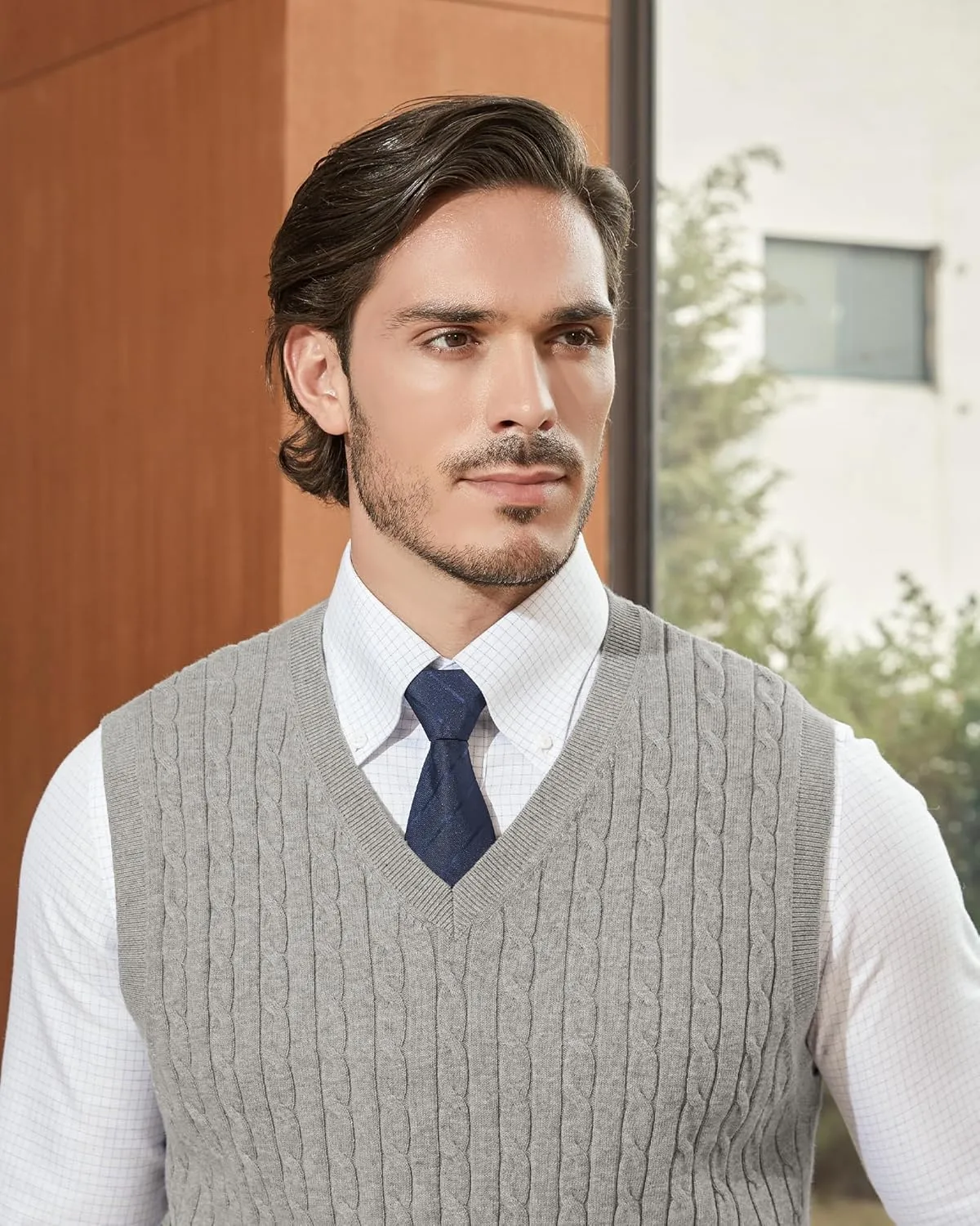 Kallspin Mens Cable Knit Sweater Vest Pure Cotton V-Neck Sleeveless Knitted Pullover for Fall Winter