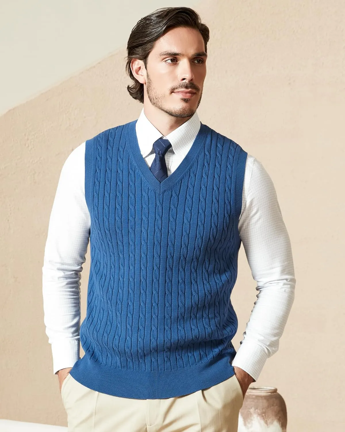 Kallspin Mens Cable Knit Sweater Vest Pure Cotton V-Neck Sleeveless Knitted Pullover for Fall Winter