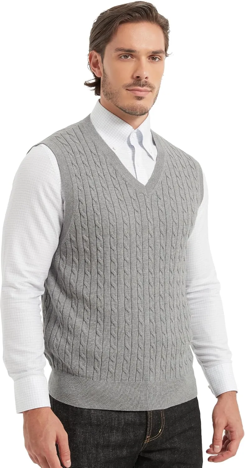 Kallspin Mens Cable Knit Sweater Vest Pure Cotton V-Neck Sleeveless Knitted Pullover for Fall Winter
