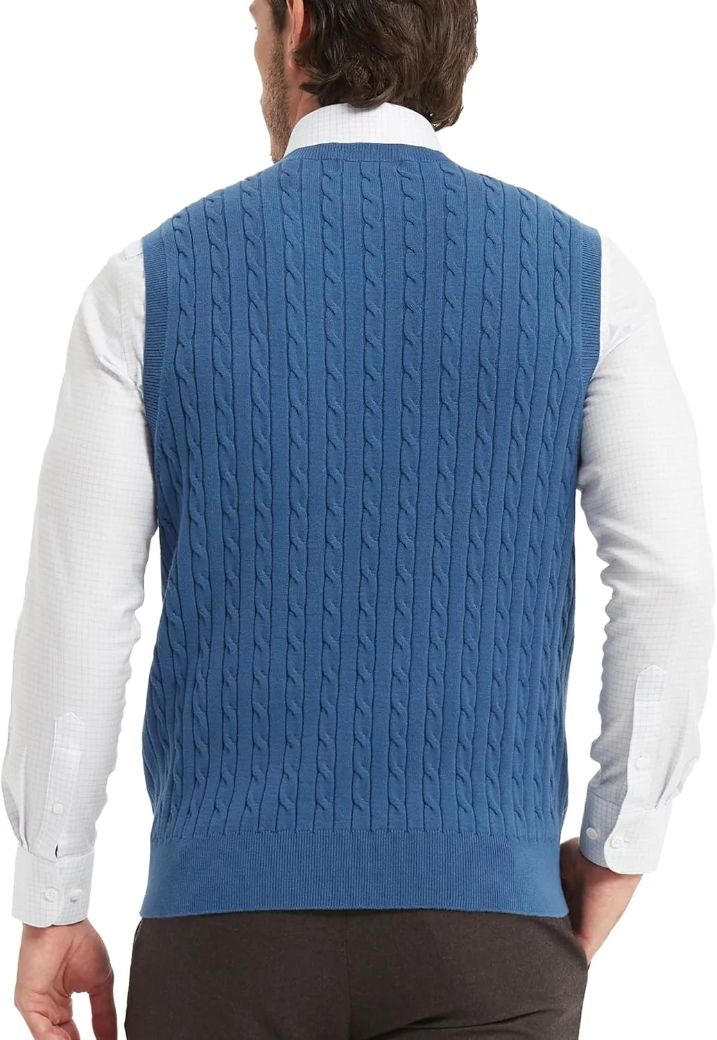 Kallspin Mens Cable Knit Sweater Vest Pure Cotton V-Neck Sleeveless Knitted Pullover for Fall Winter