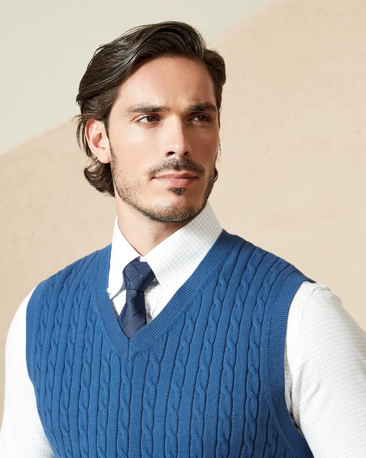 Kallspin Mens Cable Knit Sweater Vest Pure Cotton V-Neck Sleeveless Knitted Pullover for Fall Winter