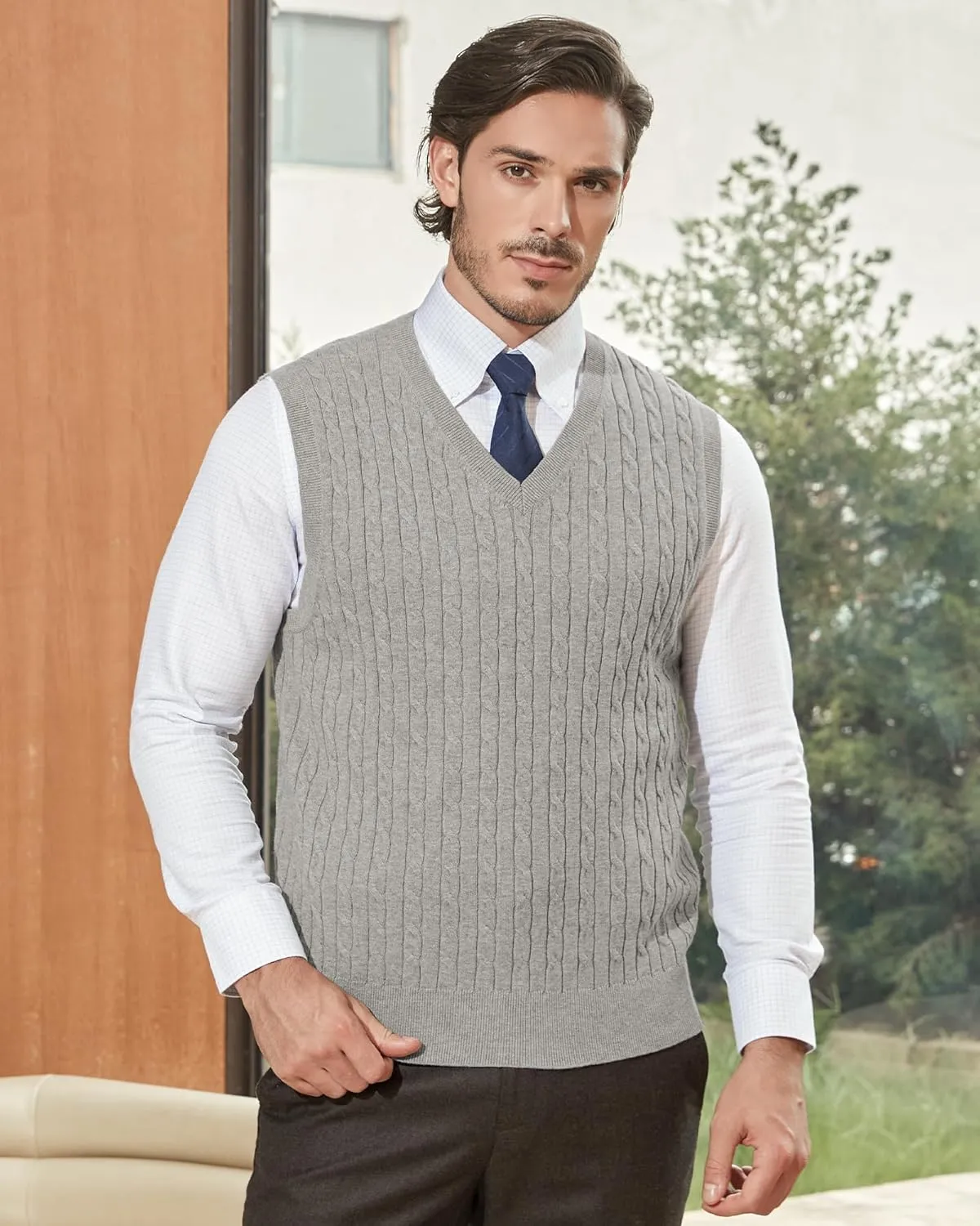 Kallspin Mens Cable Knit Sweater Vest Pure Cotton V-Neck Sleeveless Knitted Pullover for Fall Winter